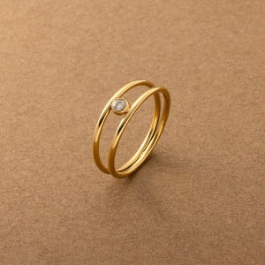 CREAM-DOT ステンレス製 リング 指輪 金属アレルギー つけっぱなし サージカルステンレス レディース ビジュー 一粒 レイヤード風 ダブルライン 2連 12号 15号 17号 大人 華奢 ゴールド シルバー