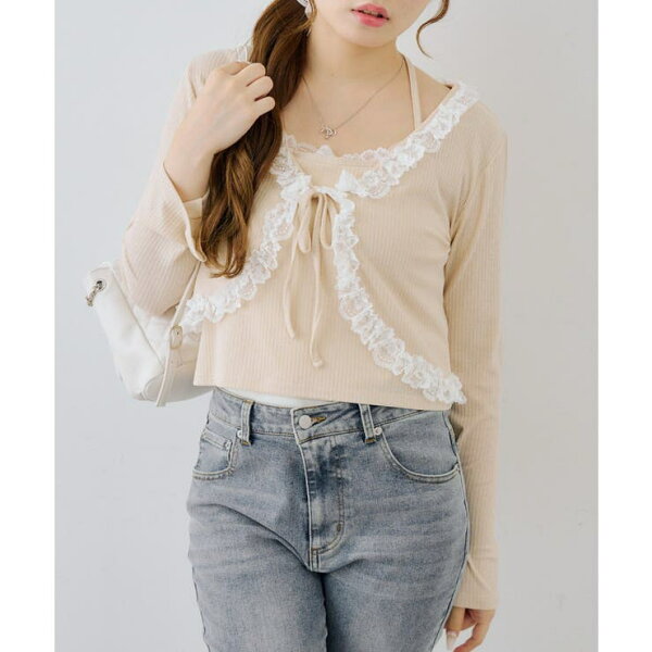 【20％OFFクーポン！9/10(木)限定】NICE CLAUP / OLIVE des OLIVE　OUTLET 【セットアイテム】レース付カーディガン×レース付キャミ トップス