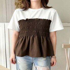 送料無料 異素材切り替えトップスレディース ビスチェレイヤード風Tシャツ ペプラムトップスフェミニンカットソー細見え韓国風ブラウス 通勤ブラウス着やせ 二の腕カバー 丸首 お腹周り体型カバー