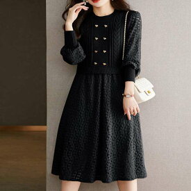 【21日23時まで4,481円】送料無料 レディース おしゃれ ロングワンピース 体型カバー クルーネック レイヤード風フレアワンピ ハイウエスト長袖 大人可愛い オフィスカジュアル 春秋冬ワンピ 通勤 きれいめワンピ韓国