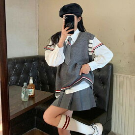 女子制服 JK制服 レディース 4点セット カジュアル 韓国風 長袖 女子 ゆったり 秋冬 ニット スカート Vネック シャツ+スカート+ベスト+ネクタイ 女子高生 文化祭 卒業式 仮装 普段着 グレー S M L