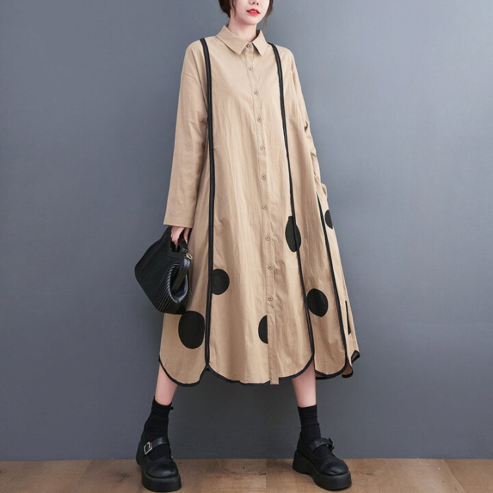 楽天市場】ドット柄ロングシャツワンピ シャツワンピース レディース 