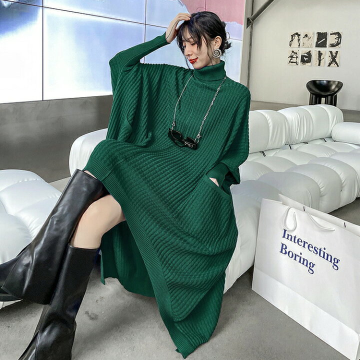 楽天市場】アシメ デザイン ドルマンニットワンピース ロング 