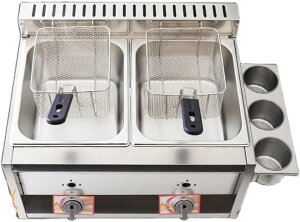 大型 ガスフライヤー,10L * 2バスケットと蓋付火力サイズ調整業務用家庭用キッチン用金属管付きステンレス鋼カウンタートッププロパン厨房機器 揚げ物 フライドポテト、ポップコーン 調