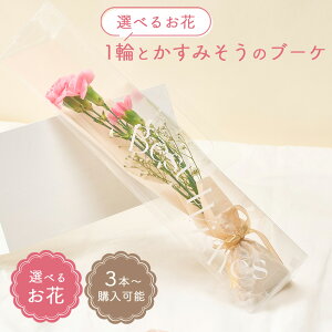 【3本から購入可能】1輪とかすみそうのブーケ 選べるお花 クリアケース付き バラ ガーベラ カーネーション 生花 お花 花束 ミニブーケ プレゼント フラワーギフト おしゃれ 卒業 卒園 送別