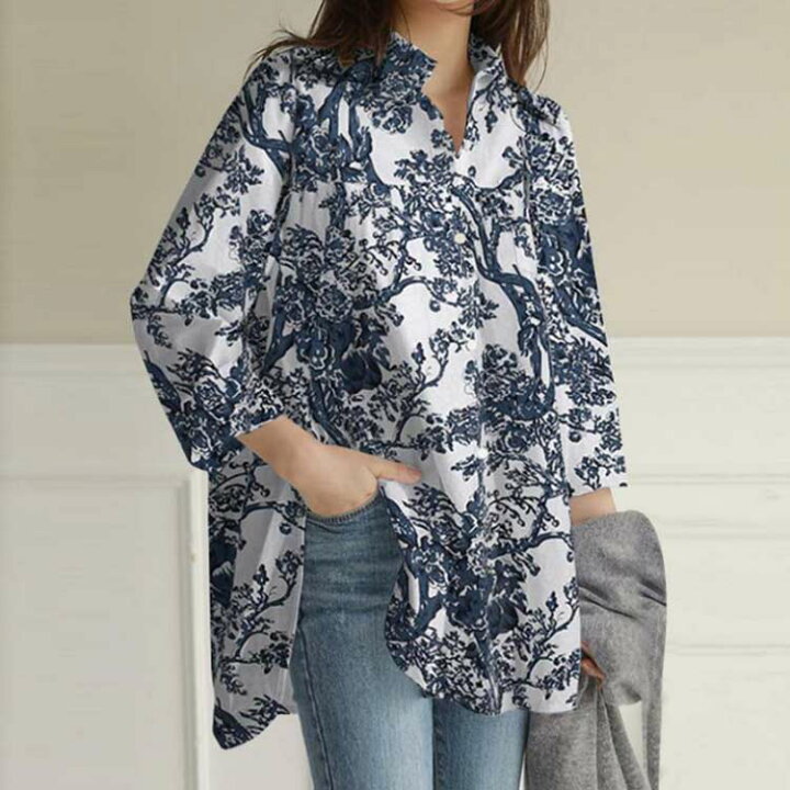 楽天市場】 長袖 花柄 シャツ ブラウス シャツ チュニック ロング丈 