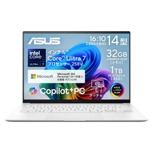 �m�[�gPC Zenbook S14 UX5406SA-TU7321WHS [14�^ /Core Ultra 7 258V /RAM:32GB /SSD:1TB /Windows 11 Home /Office OP�t /�X�J���W�i�r�A���z���C�g]