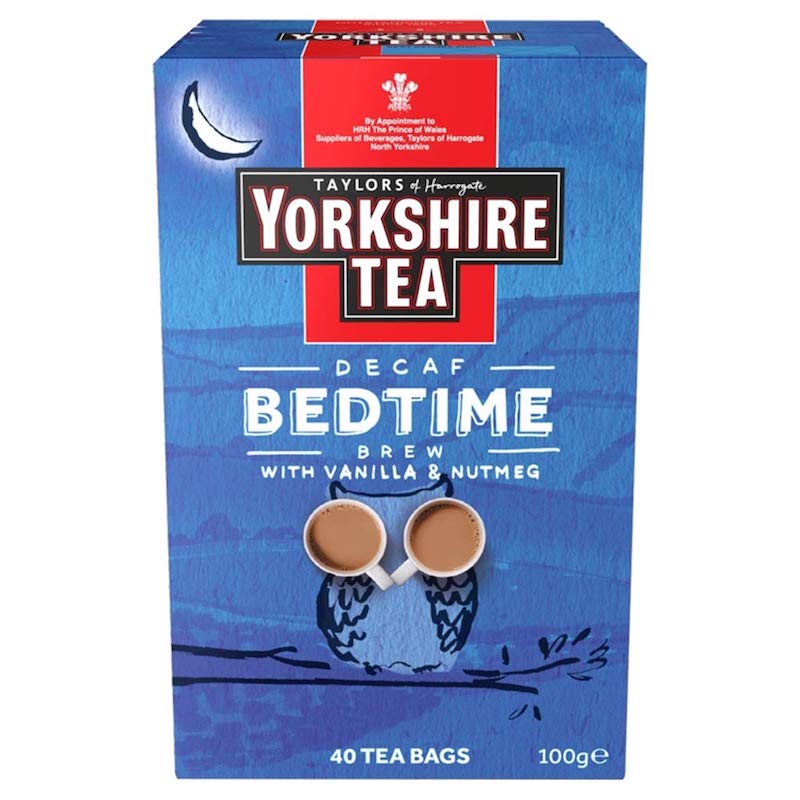英国からお取り寄せ  Taylors of Harrogate Yorkshire Tea Bedtime Brew 40 tea bags, 100g ヨークシャーティー 紅茶 デカフェ ベッド タイムティー 40ティーバッグ バニラとナツメグ入り リラックスティー