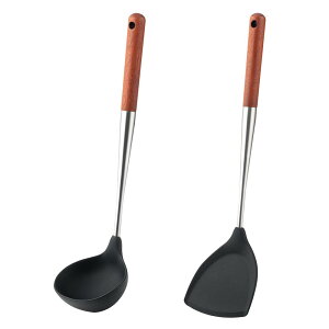 【送料無料】FJNATINH お玉 304ステンレス製中華鍋用ヘラ 中華鍋用具2点セット,ウォールナットシリカゲルヘッド