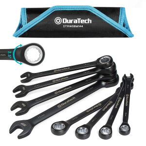 DURATECH コンビネーションレンチ ラチェットレンチセット 板ラチェット スパナ 144ギア 8〜17mm CR-V製 黒クロムメッキ済 組み立て DIY 収納袋付 8本組