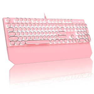 MageGee Typewriter Mechanical Gaming Keyboard, Retro Punk Round Keycap LED White Backlit USB Wired Keyboards for Game and Office, for Windows Laptop PC Mac - Blue Switches/Pink