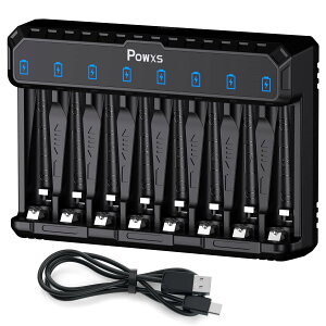 POWXS 急速電池充電器 1.2V ニッケル水素電池/1.5V リチウム電池 単3形・単4形に対応 8スロットで8本同時独立充電可能 LED充電表示 Type-C入力 単三/単四電池 充電器