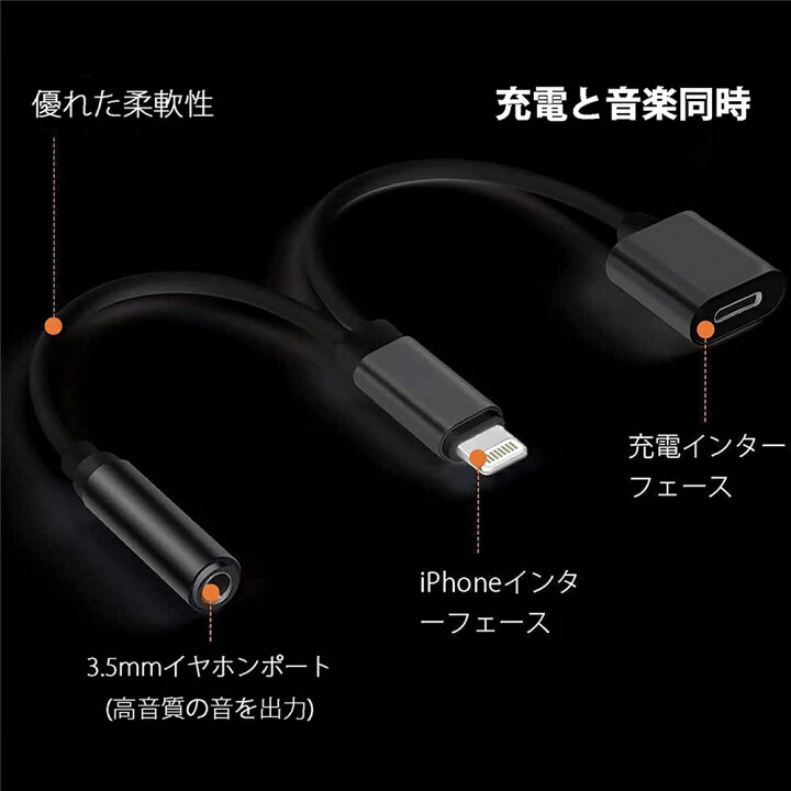 iPhone 3.5mm イヤホン ジャック 充電 二股 アダプター 2in1