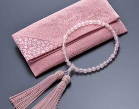 数珠袋付 女性用 念珠 略式数珠 桃色水晶 7mm 正絹房 全宗派対応 化粧箱入