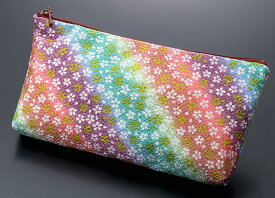 数珠袋 大きな数珠入れ 大判念珠入れ 二輪数珠用袋 金彩ちりめん 虹色桜小紋 ファスナー付