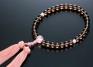 数珠 女性用 念珠 略式数珠 茶水晶 桃色水晶仕立 正絹花かがり房 全宗派対応 桐箱入