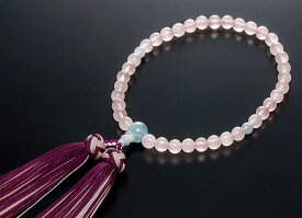 数珠 女性用 念珠 桃色水晶 アクアマリン仕立 正絹花かがり房 全宗派対応 桐箱入