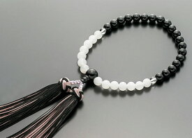 数珠 女性用 念珠 略式数珠 ブラック・ホワイトオニキス　正絹花かがり房 全宗派対応 桐箱入
