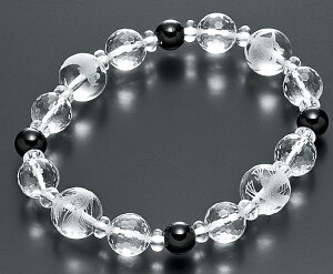 数珠ブレスレット 水晶四神獣彫 12mm 黒オニキス 念珠 天然石ブレスレット 桐箱入