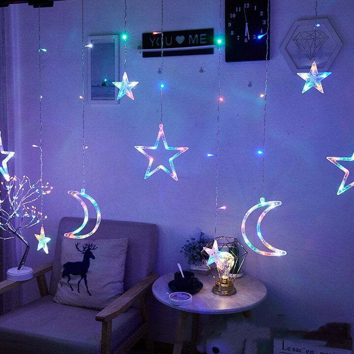 楽天市場】LEDイルミネーションライト カーテンライト 星月型 リモコン 