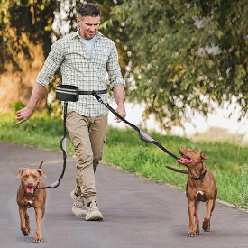 犬用 ウエストリード ダブルリード ワンダーフィット 両手フリー ウエストポーチ ウエストバッグ ランニングポーチ 2頭引きリード 絡まない中型犬 小型犬 多頭飼い 伸縮迷子防止 脱走防止 散歩 アウトドア お出かけ マナーポーチ 反射テープ