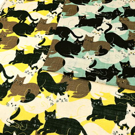 リネンライクスラブ ゴロにゃんカーニバル 50cm単位 | 切売り 切り売り 生地 布 布地 リネンライク 綿 ざっくり シャリ感 ナチュラル コットン100％ かわいい 動物柄 アニマル柄 猫 ねこ ネコ キャット にゃんこ ニャンコ
