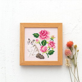 刺繍 キット コスモ かわいいどうぶつと季節のお花 ねことバラ 866 木製フレーム付き｜COSMO 刺繍キット