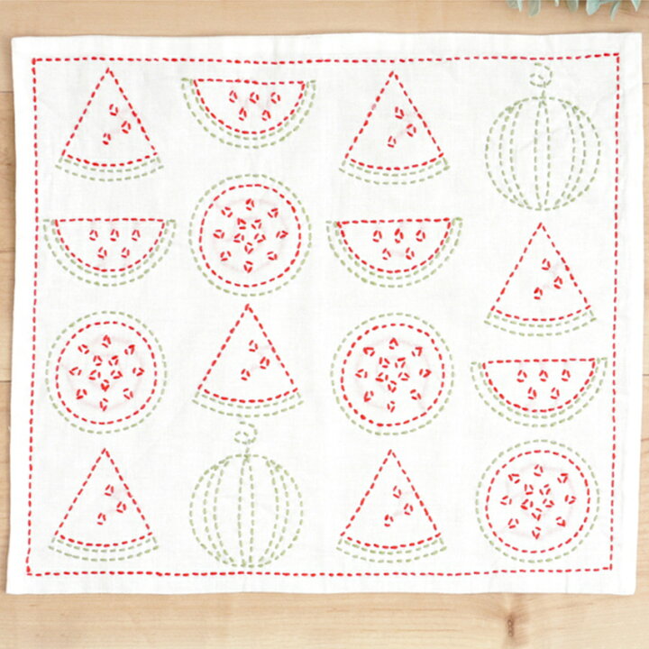 楽天市場 P5倍 刺し子キット ふきん 白 すいか 3 194 1 日本製 約30 34cm 刺し子のふきん 花ふきん キット 水で消える図案 かんたん 初心者 原ウール 手芸材料の通信販売 シュゲール