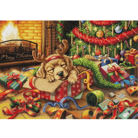 刺繍 輸入キット Luca-s SANTA'S LITTLE TROUBLEMAKER BU5079｜ルーカス クロスステッチキット 子犬 小さなサンタ かわいい子いぬ クリスマス