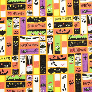 ハロウィンプリント2 お化けたち スケア 50cm単位|切売り 切り売り 生地 布 布地 ハロウィン ハロウィーン かぼちゃ おばけ ゴースト クモ 棺 ブロック柄 薄手 薄地 コットン100% オレンジ パ