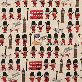 ネコ in London 綿麻キャンバス 50cm単位｜切売り 切り売り 生地 布 布地 コットンリネン 猫柄 ねこ ネコ キャット ニャンコ かわいい イギリス 普通地 丈夫 ユニーク アビイ・ロード 2階建てバス 兵隊さん コットンこばやし