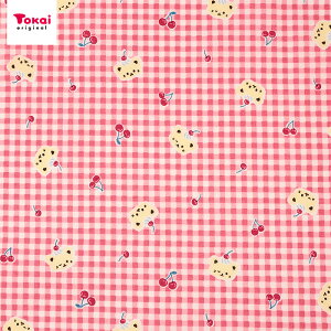 tiny animal's ぷりんにゃらもーど シーチング 1m カットクロス | 生地 布 布地 はぎれ カット布 ネコ ねこ キャット チェック柄 チェリー コットン100% 薄手 薄地 入園 入学 新学期 グッズ 女の子