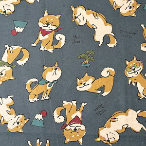 Doodle Animal Shiba Japan 綿麻キャンバス 50cm単位 | 切売り 切り売り 生地 布 布地 かわいい 犬 いぬ ユニーク いたずら書き風 手描き風 ワンコ 日本 和風 生成 ネイビー 普通地 丈夫 コットンリネン