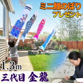 鯉のぼり こいのぼり ロープ張るだけ 矢車付 簡単設置 スタンド不要 省スペース 駐車場 ガレージ 移動らくらく コンパクト ガーランド 庭デコ にわデコ にわ鯉 庭鯉 染無し 名前染 家紋染 三代目金龍 昇龍 1.3m ミニ 目玉商品 C8011
