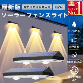 ソーラーライト 2LED フェンスライト 2個セット ガーデン用 ソーラーランプ デッキライト 照明器具 LED 交差照明 光センサー 明暗センサー 自動点灯 自動消灯 玄関 庭 スロープ 壁 庭 ウォールライト 三色切替 防水対応 防犯 コンパクトサイズ 軽量 両面テープ A154