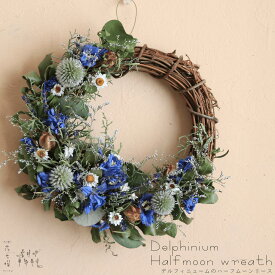 デルフィニュームのハーフムーンリース ◆ ドライフラワー ◆ 爽やかブルーのデルフィニュームの花がかわいいナチュラルおしゃれな三日月ドライフラワーリース