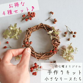 【Bタイプ】【4個セット】【 花七曜オリジナル 手作りキット 】 小さなリースたち Bシック系 ＊ ドライフラワー ◆ お家時間を楽しむ 花七曜のドライフラワーリースキット♪直径10cm小さいリースが作れるベースとお花セット♪ 誕生日 プレゼント ナチュラル