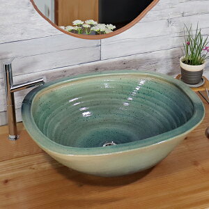 信楽焼 緑斑点角型(特大) 手洗い鉢 飽きのこない洗面鉢 お洒落な洗面器 手洗器 手洗鉢 洗面ボール 洗面シンク 陶器 洗面台 手洗い鉢 洗面ボール 洗面陶器 やきもの 和風 tr-4075