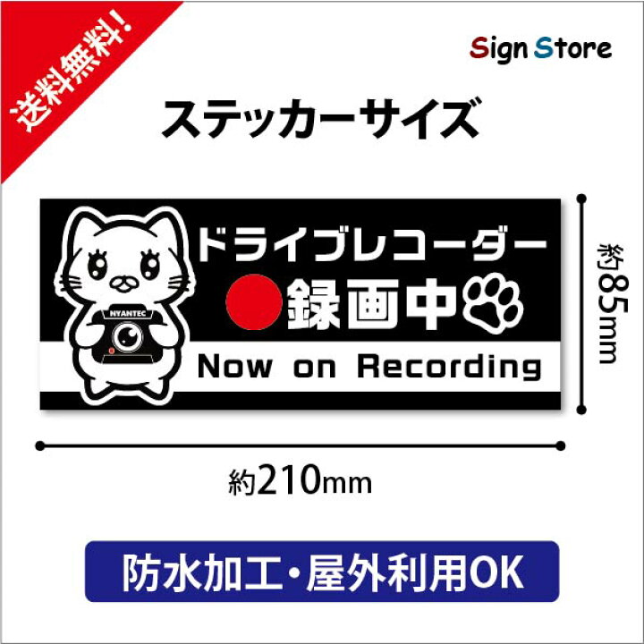 楽天市場 かわいい猫のイラスト ドライブレコーダー録画中 防水ステッカー おしゃれ Uv加工 日本製 デザイン 屋内 屋外 店舗 会社 壁面 デザイン 耐久性 丈夫 シール 防犯 あおり運転 危険運転 防犯 防止 ドラレコ 防犯カメラ 210mm 85mm 看板 標識のsign Store