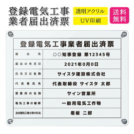 登録電気工事業者届出済票 看板 標識 電気工事 電気電気工事登録 電気工事業 建設業 許可票 アクリル おしゃれ 錆びない 業者票 登録票 透明 壁付け｜【自社生産】登録電気工事業者届出済票 デザイン：C001 クリア | 450mm 350mm 3mm