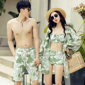 レディース メンズ 4点セット 花柄 バンドゥビキニ 水着ペア ペアルック カップル水着 セパレート メンズ水着 男性用 サーフパンツ みずぎ ご夫婦 恋人 お揃い