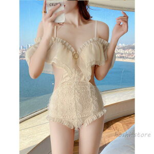 水着 ワンピース レディース 体型カバー オールインワン 白 オフショルダー 無地 花柄 刺〓 レース