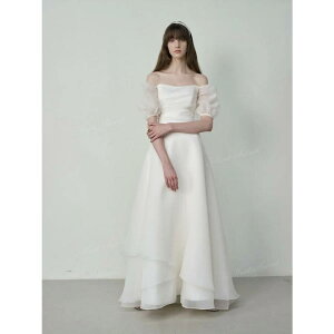 ウェディングドレス オフショルダー オーガンジー バルーンスリーブ Aライン ロング 二次会 結婚式 披露宴 前撮り 発表会 花嫁 ウエディングドレス 花嫁ドレス