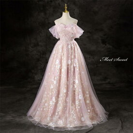 カラードレス ピンク フラワー 花柄 ウェディングドレス ロングドレス 結婚式 二次会 演奏会 発表会 中高生 成人式 可愛い ステージドレス ウエディングドレス