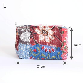 ポーチ インド綿 ブロックプリント Lサイズ大容量 大きめ 旅行 防水 洗面用具 小物入れ レディース 母の日 プレゼント おしゃれ かわいい 花柄 コットン キルティング コスメポーチ 化粧ポーチ トラベルポーチ ハンドメイド インド雑貨 アジア雑貨 ボタニカル