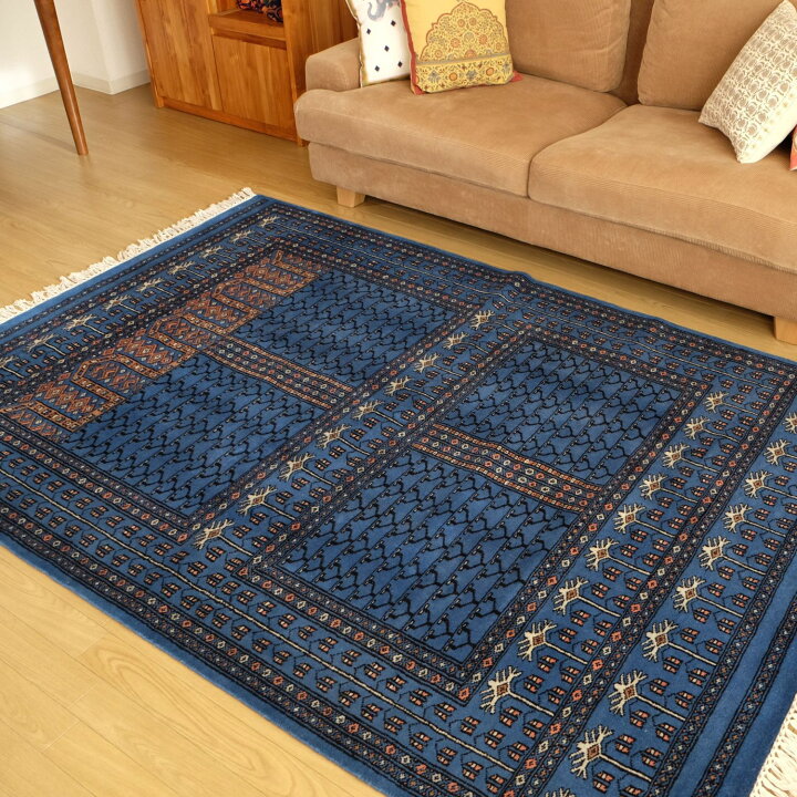 楽天市場】手織り絨毯 インド ウール 青・トライバル150x220cm 暖かい 