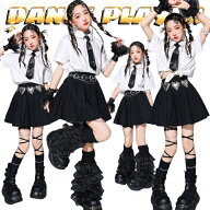 k-pop 衣装 へそ出し キッズ ダンス 衣装 セットアップ 女の子 白シャツ ネクタイ 学院風 ブラック プリ…