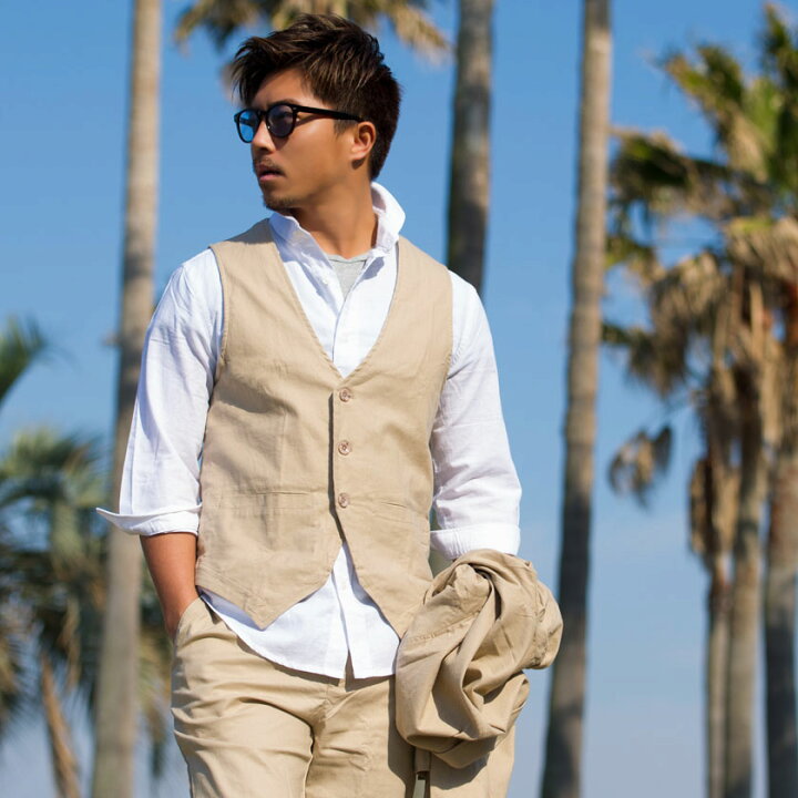 楽天市場 送料無料 ジレ ベスト メンズ 綿 麻 ストレッチ ジレベスト コットンリネン 綿麻 カジュアル きれい目 セットアップ可能 3ピース ベージュ カーキ ネイビー ブラック キナリ 黒 紺 M L Xl リゾート 春 夏 Cavaria キャバリア 22 あす楽対応 Silver