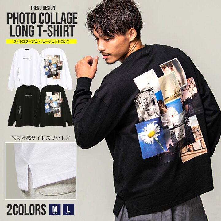 楽天市場 送料無料 Tシャツ メンズ 長袖 ロンt ブランド 長袖tシャツ プリント ストリート 韓国 ファッション フォトコラージュ バックプリント ヘビーウェイト クルーネック ブラック ホワイト 黒 白 インナー トップス M L Cavaria キャバリア あす楽対応