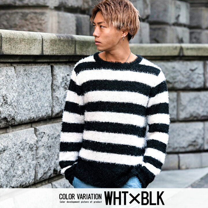 楽天市場 送料無料 ニット メンズ セーター フェザーヤーン ブランド 大人 クルーネック 長袖 ニットソー 無地 ボーダー トップス ストリート 韓国ファッション ブラック オフホワイト ベージュ 黒 白 M L 秋 冬 Cavaria 代 30代 40代 メンズファッション あす楽